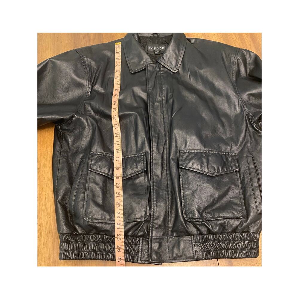 Cougar Leather Black Bomber Jacket Men’s L Zip Front Snap Pockets Elastic Hem - Picture 5 of 11